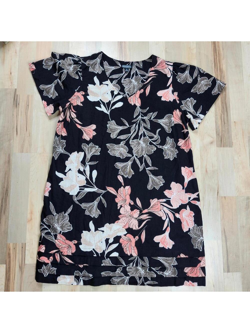 Original Floral Linen Blend Dress Short Sleeve Casual Black Pink XL